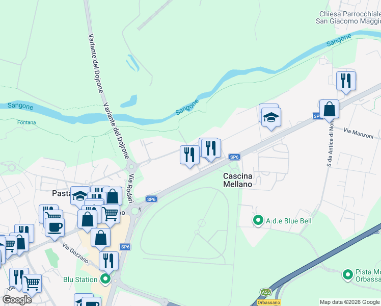 map of restaurants, bars, coffee shops, grocery stores, and more near 12 Via Don Pietro Giordano in Cascina Mellano