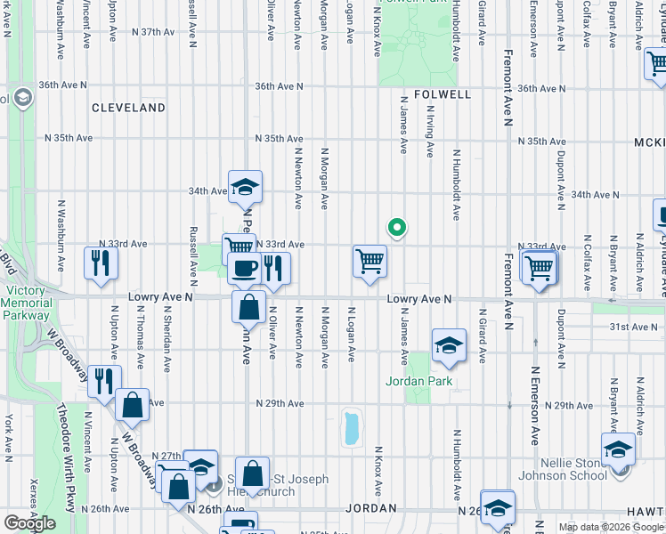 map of restaurants, bars, coffee shops, grocery stores, and more near 3257 North Morgan Avenue in Minneapolis