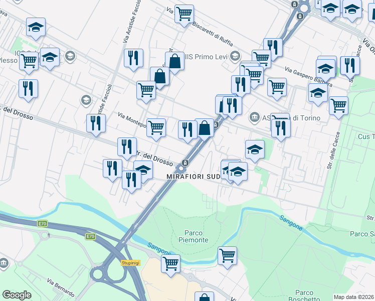 map of restaurants, bars, coffee shops, grocery stores, and more near 2-30 Via Monteponi in Turin