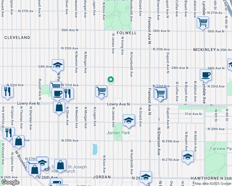 map of restaurants, bars, coffee shops, grocery stores, and more near 3255 North Irving Avenue in Minneapolis