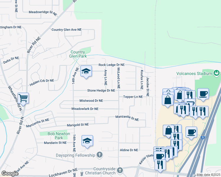 map of restaurants, bars, coffee shops, grocery stores, and more near 6604 Rim Rock Court Northeast in Keizer