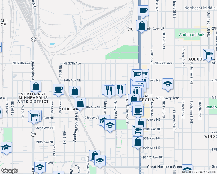 map of restaurants, bars, coffee shops, grocery stores, and more near 701 26th Avenue Northeast in Minneapolis