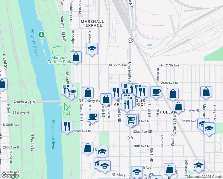 map of restaurants, bars, coffee shops, grocery stores, and more near 2551 26th Avenue Northeast in Minneapolis