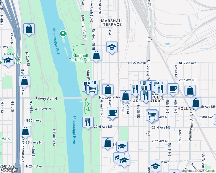 map of restaurants, bars, coffee shops, grocery stores, and more near 2601 California Street Northeast in Minneapolis
