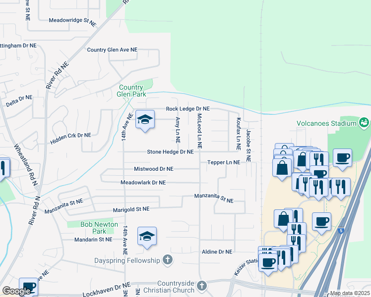 map of restaurants, bars, coffee shops, grocery stores, and more near 6604 Rim Rock Court Northeast in Keizer