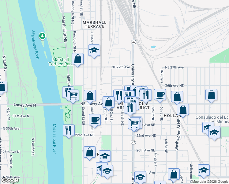 map of restaurants, bars, coffee shops, grocery stores, and more near 2551 26th Avenue Northeast in Minneapolis