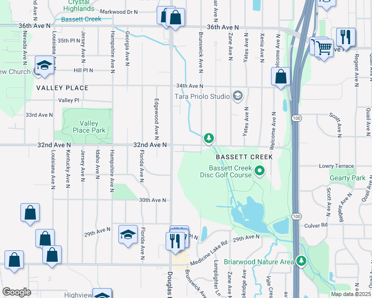 map of restaurants, bars, coffee shops, grocery stores, and more near 3209 Brunswick Avenue North in Minneapolis