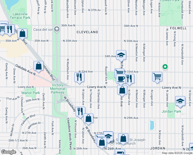 map of restaurants, bars, coffee shops, grocery stores, and more near 3256 North Sheridan Avenue in Minneapolis