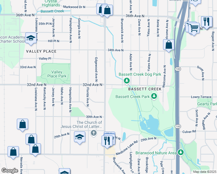 map of restaurants, bars, coffee shops, grocery stores, and more near 3200 Douglas Drive North in Crystal