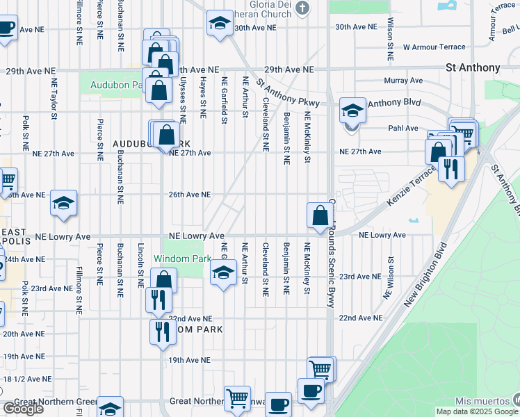 map of restaurants, bars, coffee shops, grocery stores, and more near 58 26th Avenue Northeast in Minneapolis