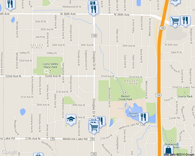 map of restaurants, bars, coffee shops, grocery stores, and more near 3200 Douglas Drive North in Crystal