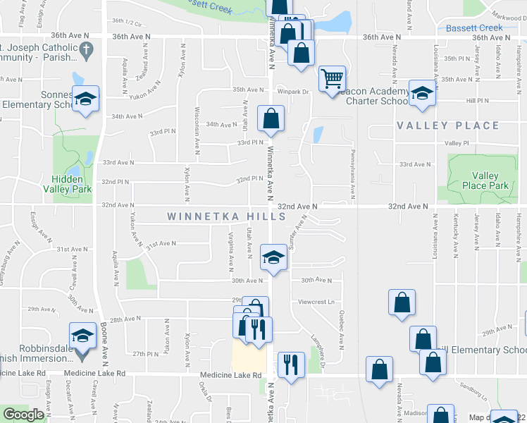 map of restaurants, bars, coffee shops, grocery stores, and more near in Crystal