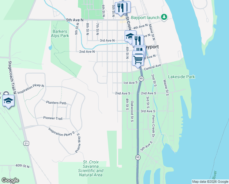map of restaurants, bars, coffee shops, grocery stores, and more near 224 5th Street South in Bayport