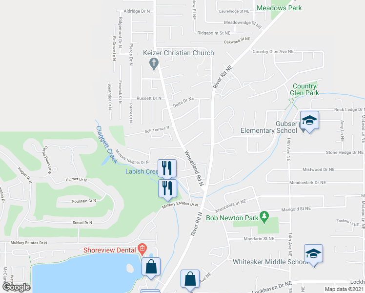 map of restaurants, bars, coffee shops, grocery stores, and more near Wheatland Rd N & Foothill Dr NE in Keizer