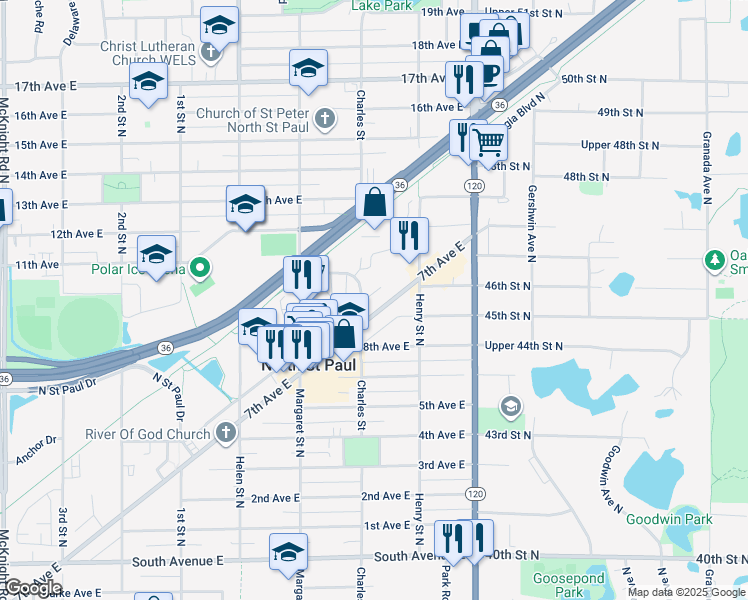map of restaurants, bars, coffee shops, grocery stores, and more near 2607 7th Avenue East in North Saint Paul