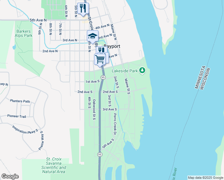 map of restaurants, bars, coffee shops, grocery stores, and more near 243 3rd Street South in Bayport