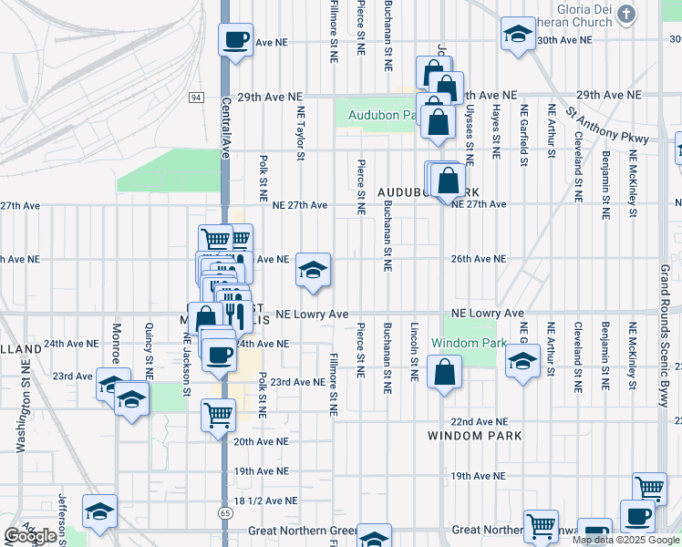 map of restaurants, bars, coffee shops, grocery stores, and more near 2548 Pierce Street Northeast in Minneapolis