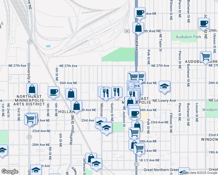 map of restaurants, bars, coffee shops, grocery stores, and more near 701 26th Avenue Northeast in Minneapolis