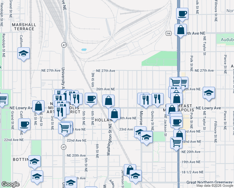 map of restaurants, bars, coffee shops, grocery stores, and more near in Minneapolis