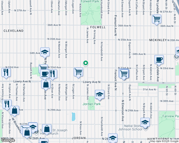 map of restaurants, bars, coffee shops, grocery stores, and more near 3255 North Irving Avenue in Minneapolis