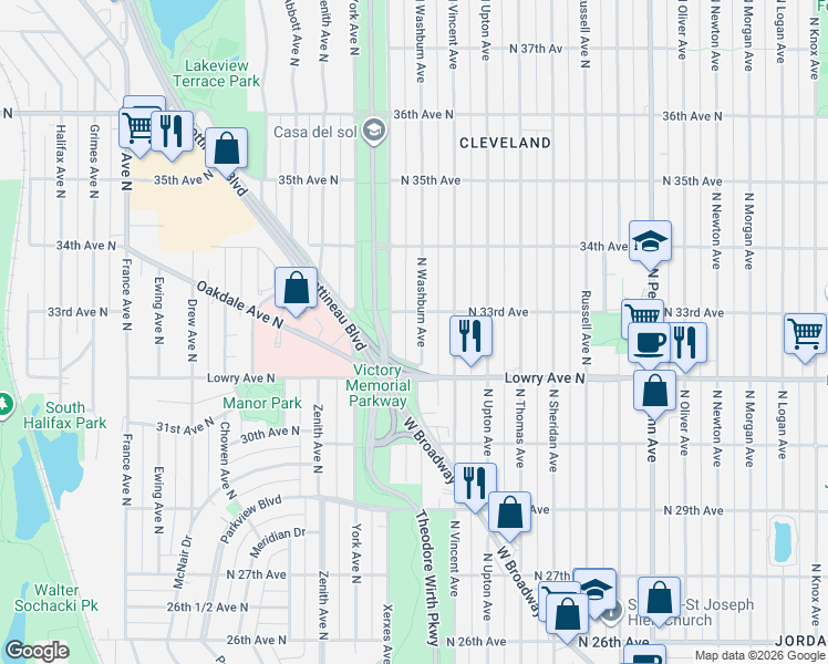 map of restaurants, bars, coffee shops, grocery stores, and more near 3258 Xerxes Avenue North in Minneapolis