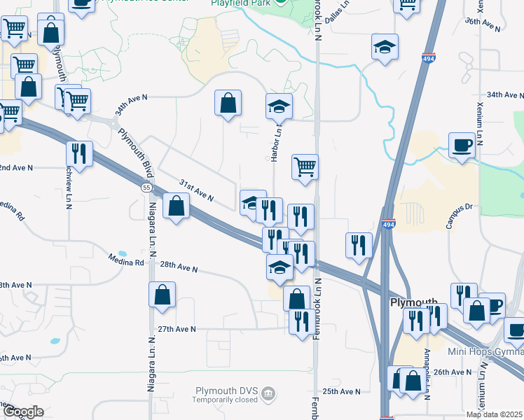 map of restaurants, bars, coffee shops, grocery stores, and more near 3165 Harbor Lane North in Plymouth