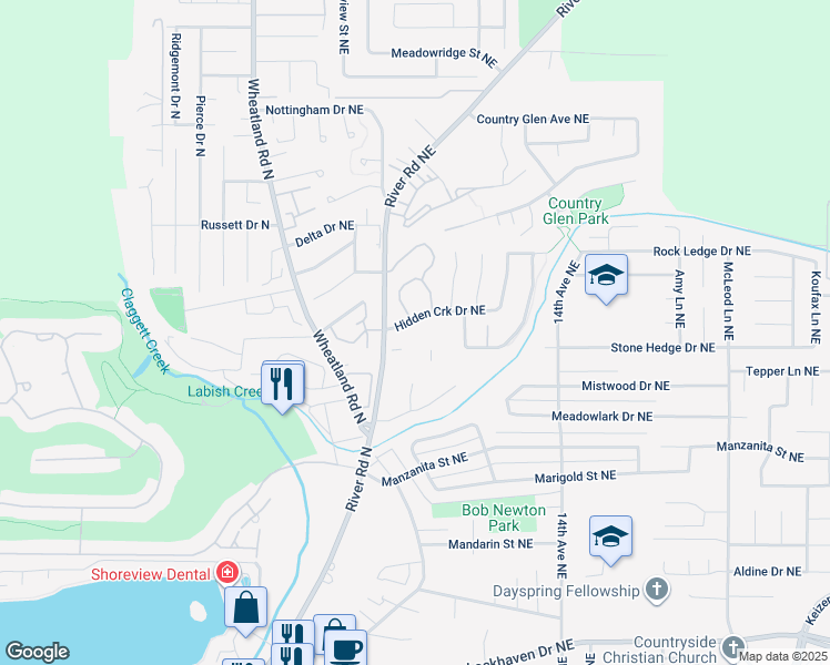 map of restaurants, bars, coffee shops, grocery stores, and more near 1012 Hidden Creek Drive Northeast in Keizer
