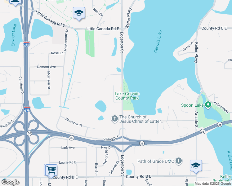 map of restaurants, bars, coffee shops, grocery stores, and more near 2451 Sunrise Drive in Little Canada