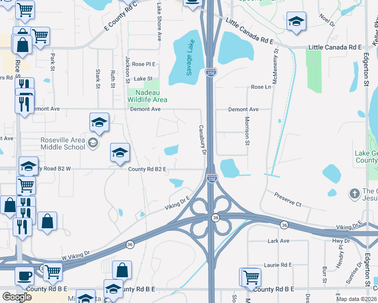 map of restaurants, bars, coffee shops, grocery stores, and more near 215 County Road B2 East in Little Canada