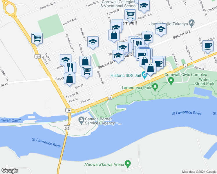 map of restaurants, bars, coffee shops, grocery stores, and more near 3 Whitehead Avenue in Cornwall