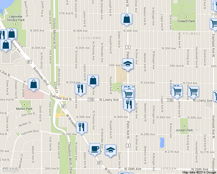 map of restaurants, bars, coffee shops, grocery stores, and more near 3300 Russell Avenue North in Minneapolis