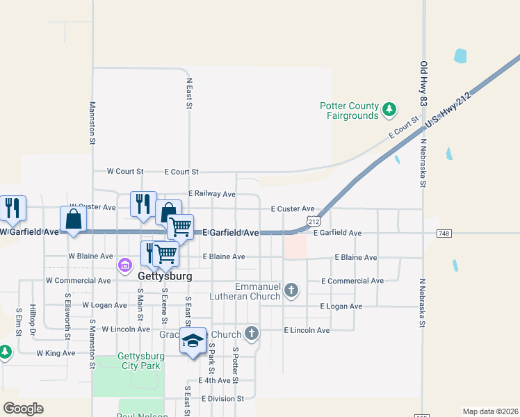 map of restaurants, bars, coffee shops, grocery stores, and more near 401 North Broadway Street in Gettysburg