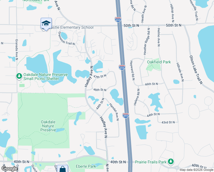 map of restaurants, bars, coffee shops, grocery stores, and more near 7089 47th Street North in Oakdale