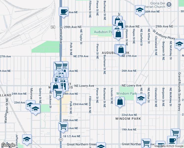 map of restaurants, bars, coffee shops, grocery stores, and more near 2548 Pierce Street Northeast in Minneapolis