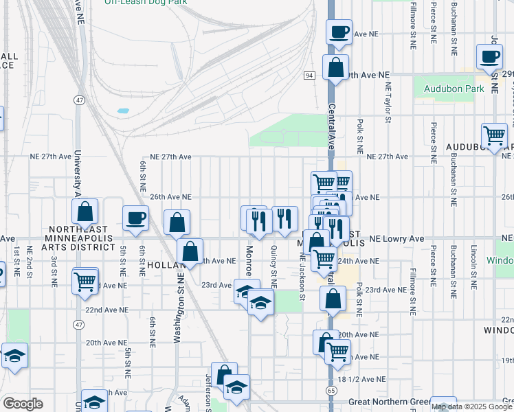 map of restaurants, bars, coffee shops, grocery stores, and more near 701 26th Avenue Northeast in Minneapolis
