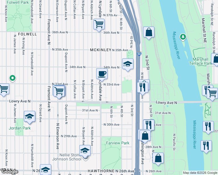 map of restaurants, bars, coffee shops, grocery stores, and more near 424 North 33rd Avenue in Minneapolis