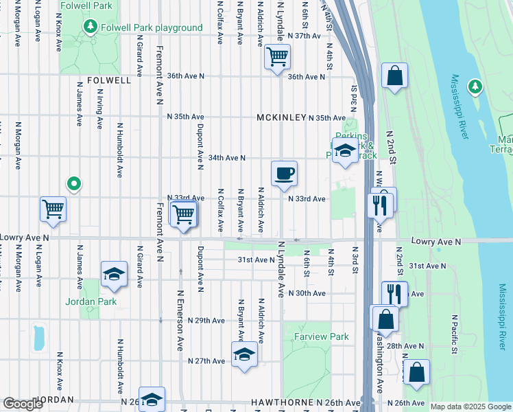 map of restaurants, bars, coffee shops, grocery stores, and more near 3301 North Aldrich Avenue in Minneapolis