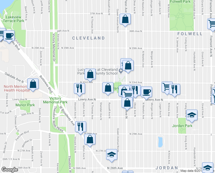 map of restaurants, bars, coffee shops, grocery stores, and more near 3300 Russell Avenue North in Minneapolis
