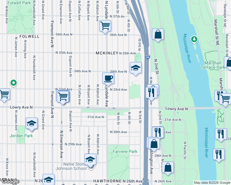 map of restaurants, bars, coffee shops, grocery stores, and more near 424 North 33rd Avenue in Minneapolis
