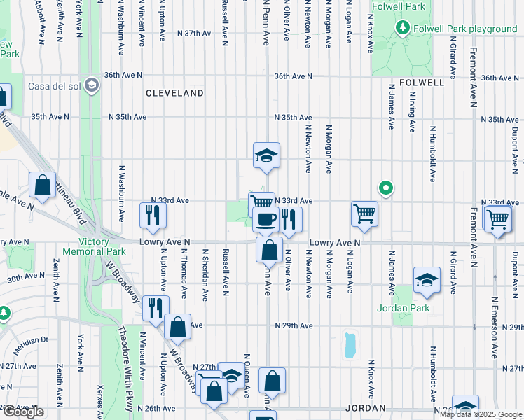 map of restaurants, bars, coffee shops, grocery stores, and more near 3245 Penn Ave N in Minneapolis