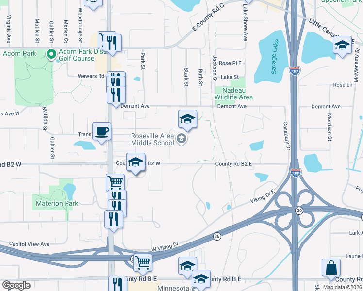 map of restaurants, bars, coffee shops, grocery stores, and more near 15 County Road B2 East in Little Canada