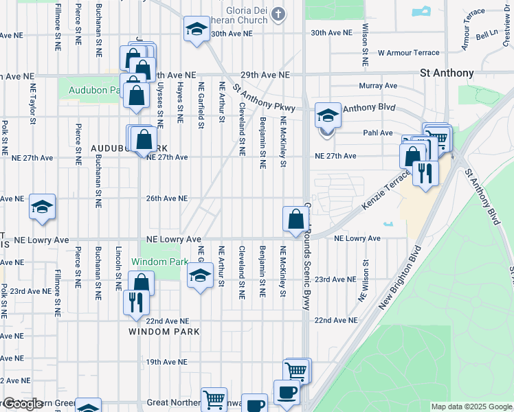 map of restaurants, bars, coffee shops, grocery stores, and more near 2600 Northeast Benjamin Street in Minneapolis