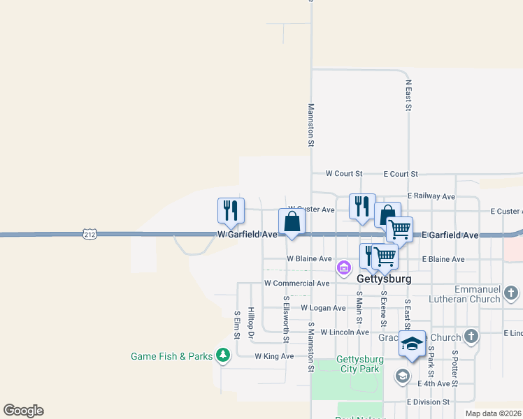 map of restaurants, bars, coffee shops, grocery stores, and more near 401 North Bryson Street in Gettysburg