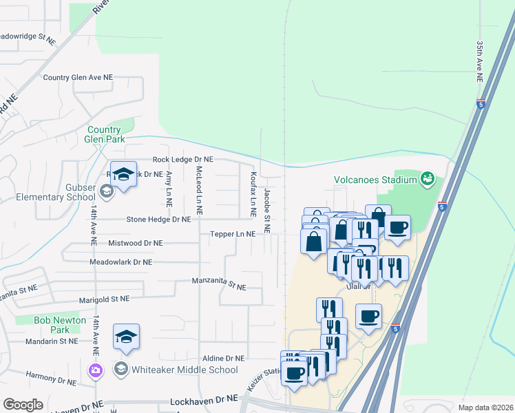 map of restaurants, bars, coffee shops, grocery stores, and more near 6629 Jacobe Street Northeast in Keizer