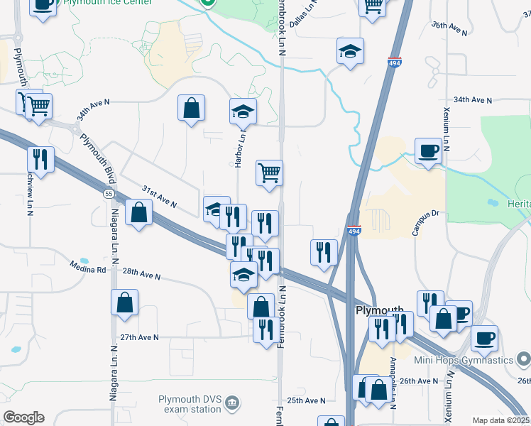 map of restaurants, bars, coffee shops, grocery stores, and more near 3131 Fernbrook Lane North in Plymouth