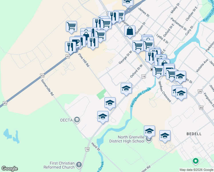 map of restaurants, bars, coffee shops, grocery stores, and more near 331 Pine Hill Road in Kemptville