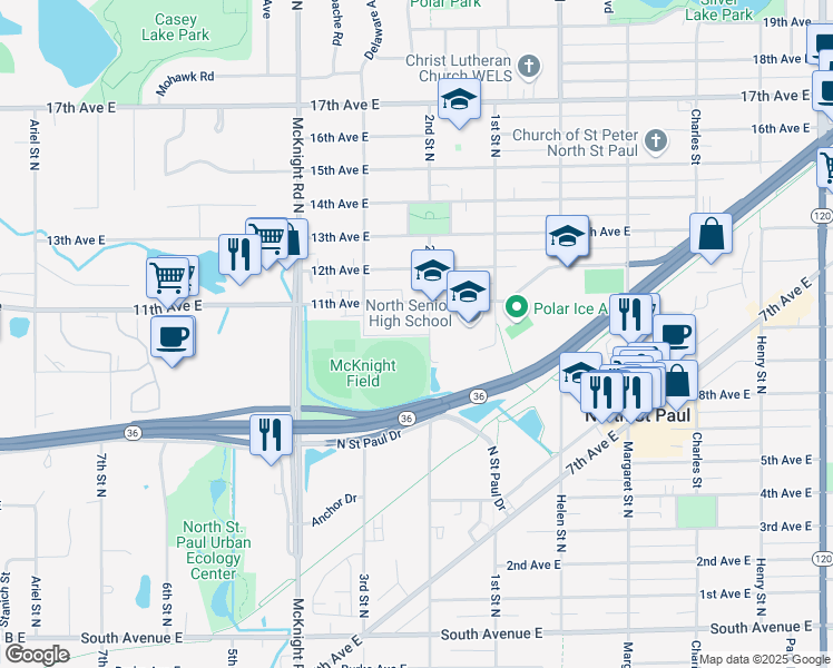 map of restaurants, bars, coffee shops, grocery stores, and more near 2363 10th Avenue East in North Saint Paul