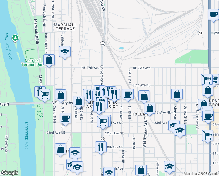 map of restaurants, bars, coffee shops, grocery stores, and more near 2601 4th Street Northeast in Minneapolis