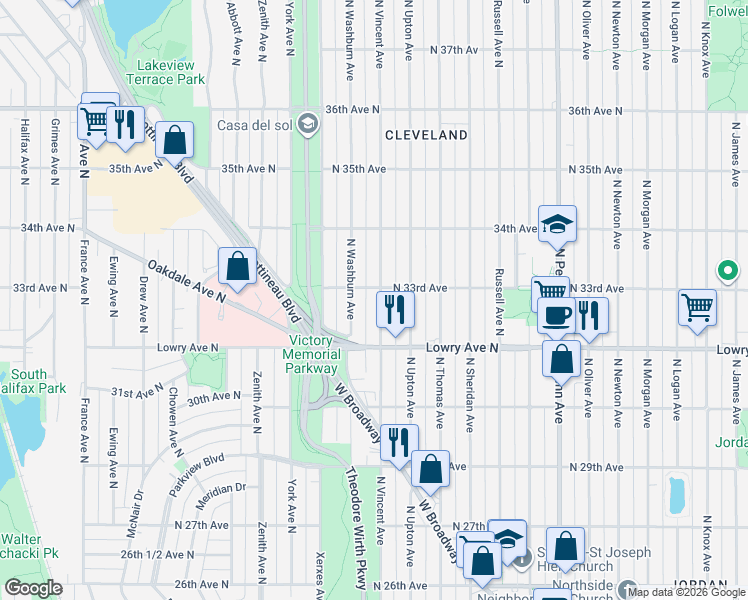 map of restaurants, bars, coffee shops, grocery stores, and more near 3258 North Washburn Avenue in Minneapolis