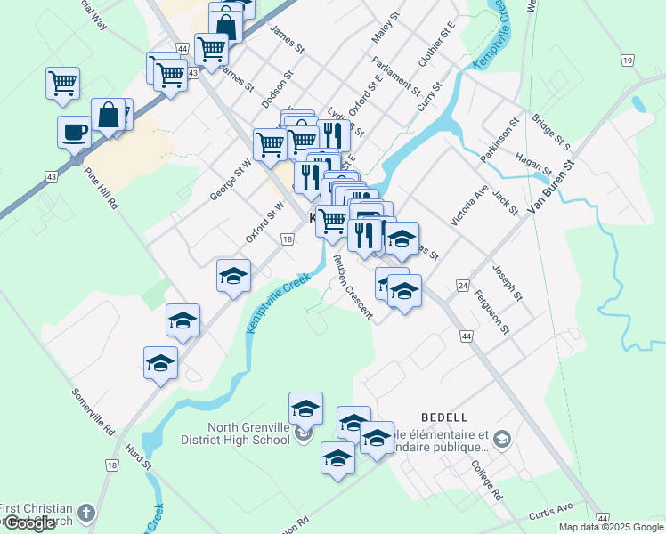 map of restaurants, bars, coffee shops, grocery stores, and more near 25 Reuben Crescent in Kemptville